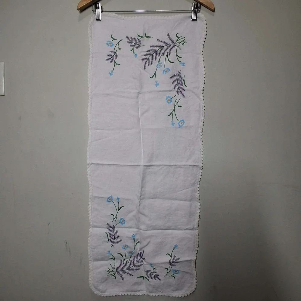Vintage Embroidered Lavender Floral Table Runner White Lace Trim Farmhouse